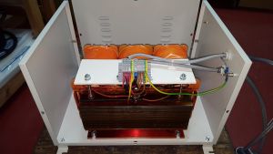 Three phase IP23 case transformer, cover removed, fitted with input and output cables