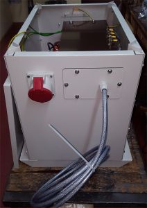 Three phase cased transformer with input cable and output socket, painted to customer specification
